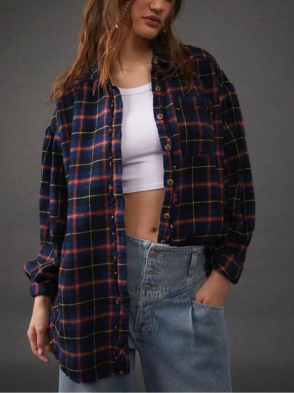 Free People Navy Red Plaid Button-Down Shirt